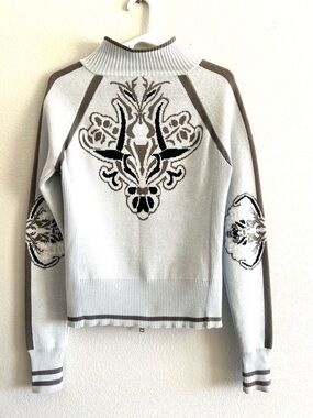 Athleta Light Blue Zip-Up Cotton Knit Jacket Medium Aztec Print Medium